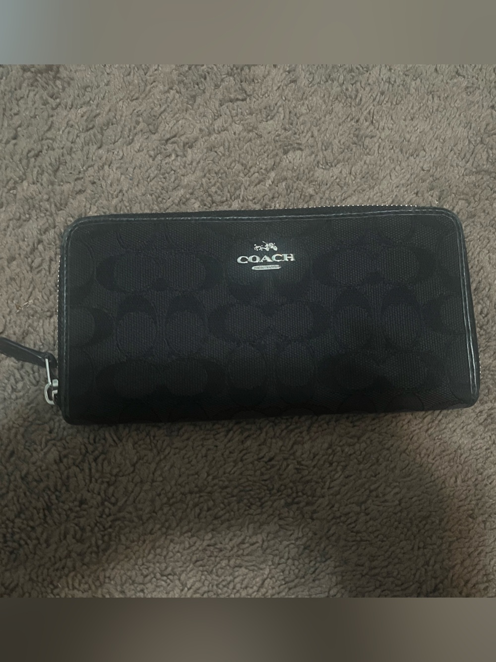 Coach Black Signature Jacquard Zip Wallet with Silver Logo